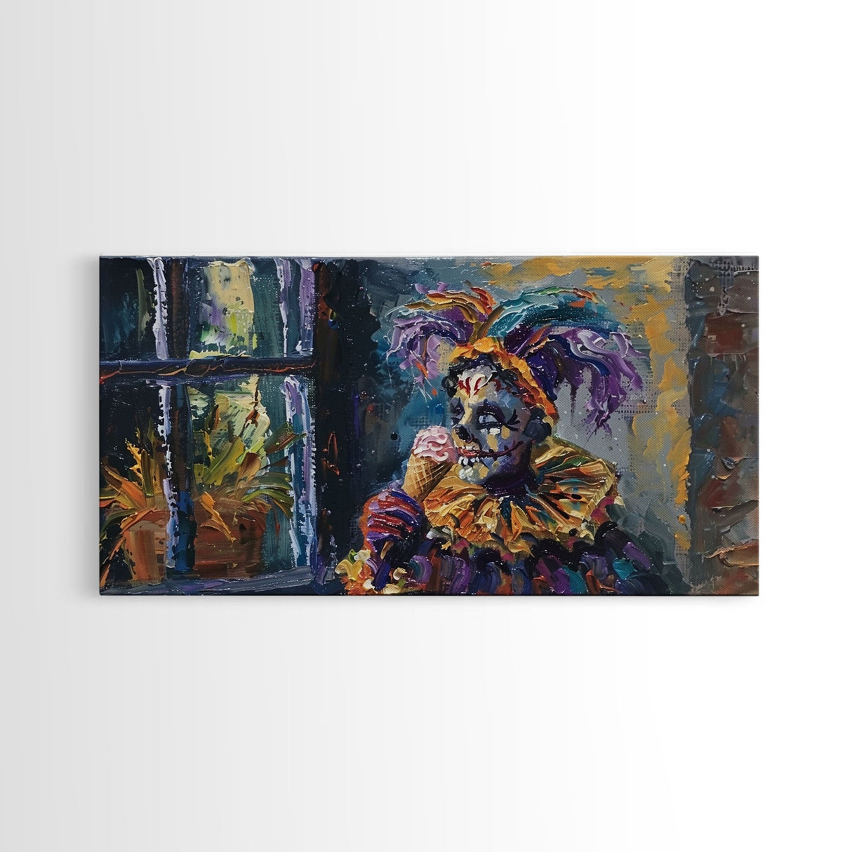 Spooky Court Jester Having an Ice Cream, Funny Halloween Art, Framed Canvas Print