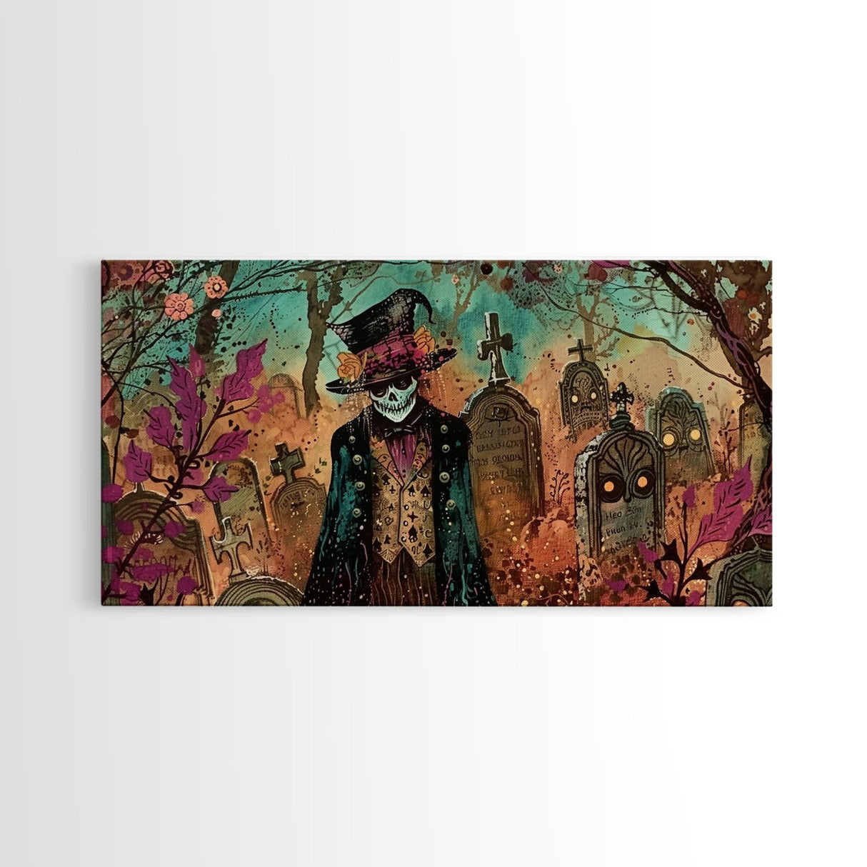 Spooky Ghost In A top hat, Framed Canvas Print, Halloween Decor, Spooky Vibes Wall Art