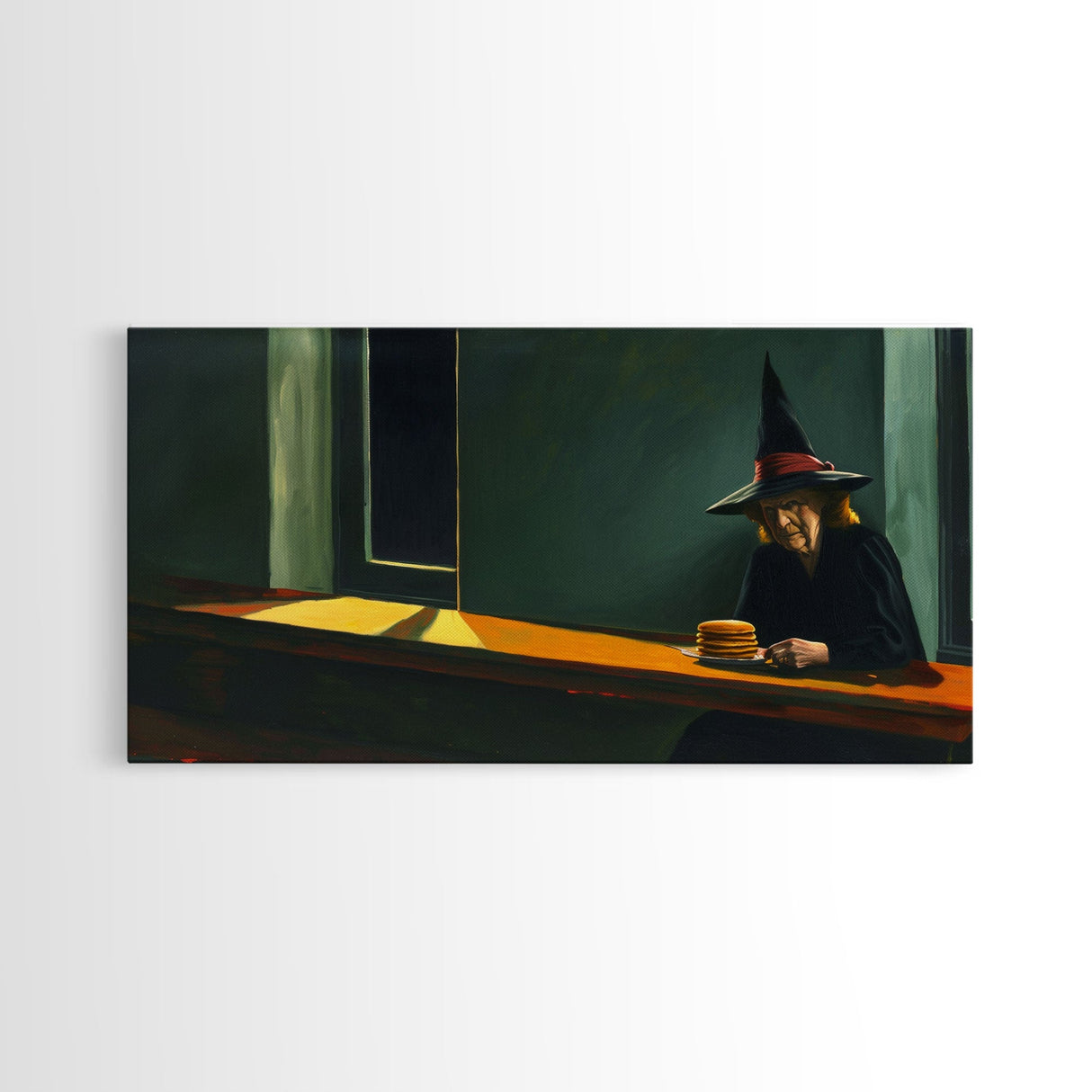 Sad Old Witch Having Some Pancakes, Funny Halloween Art, Framed Canvas Print, Liminal Art