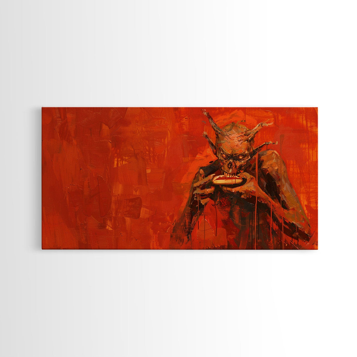 Scary Demon Having a Hot Dog, must be a baseball fan. Funny Halloween Wall Art Framed Canvas Print