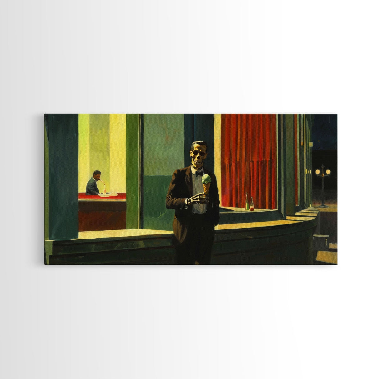 Liminal Halloween Art, Skeleton Having an Ice Cream Cone, Framed Canvas Print, Halloween Decor