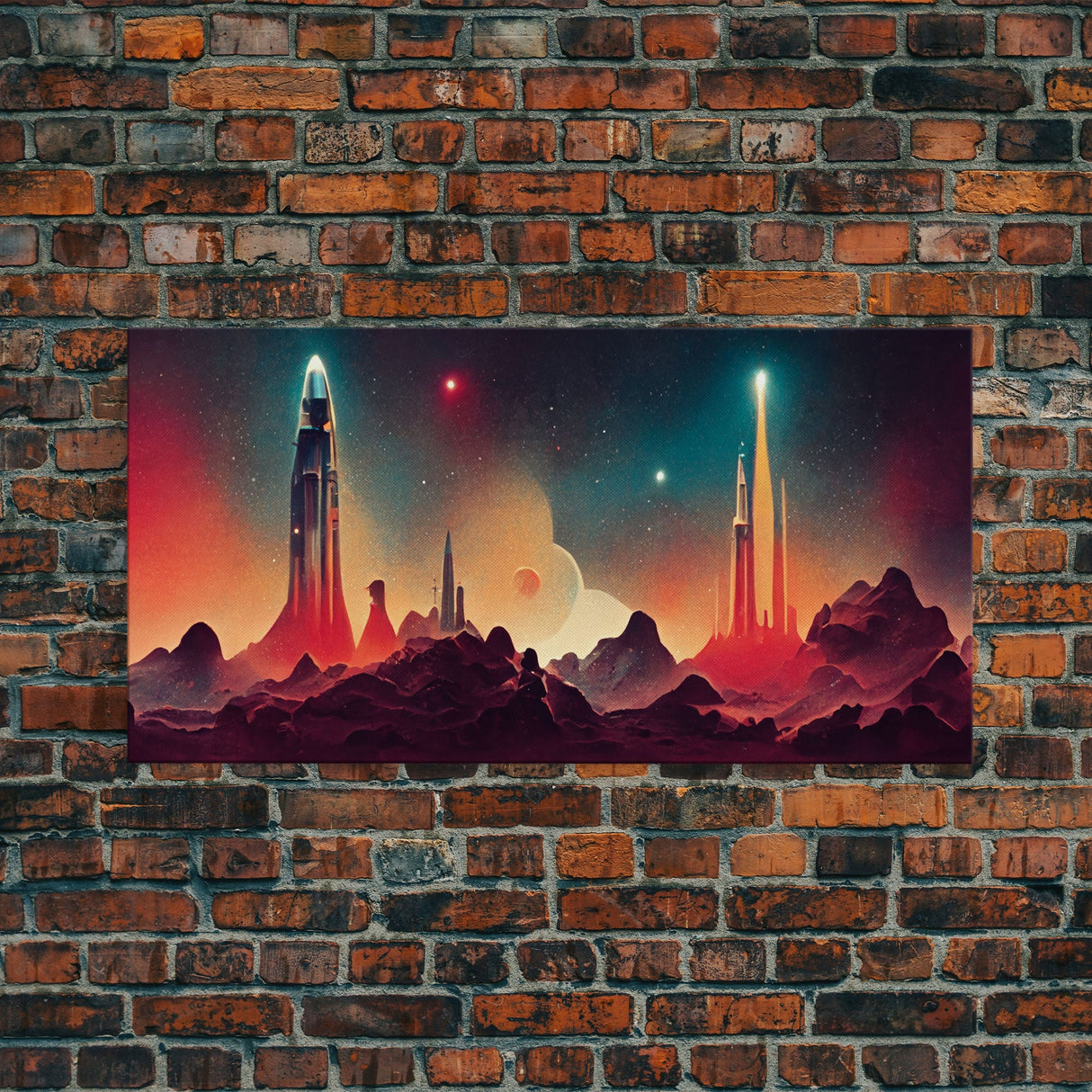 Art deco style space canvas print, space ship art, space art, outrun style, sci-fi themed art print, science fiction wall art