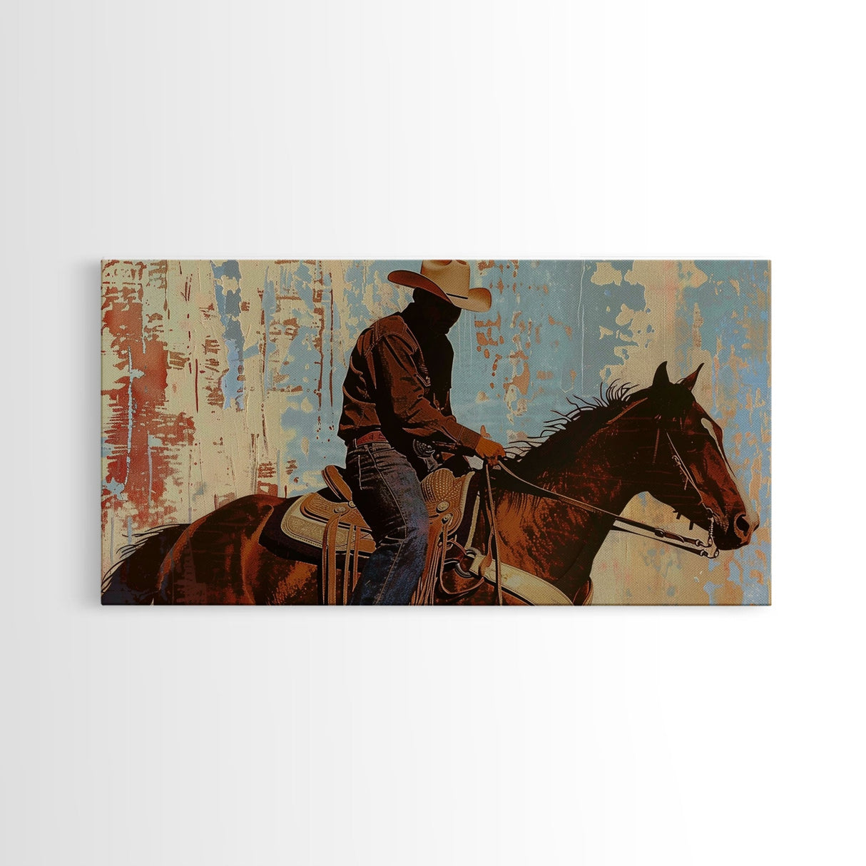 Cowboy Riding Horse in Abstract Style, Perfect Bedroom Art, Framed Canvas Print, Rustic Living Room Decor, Modern Home Decoration