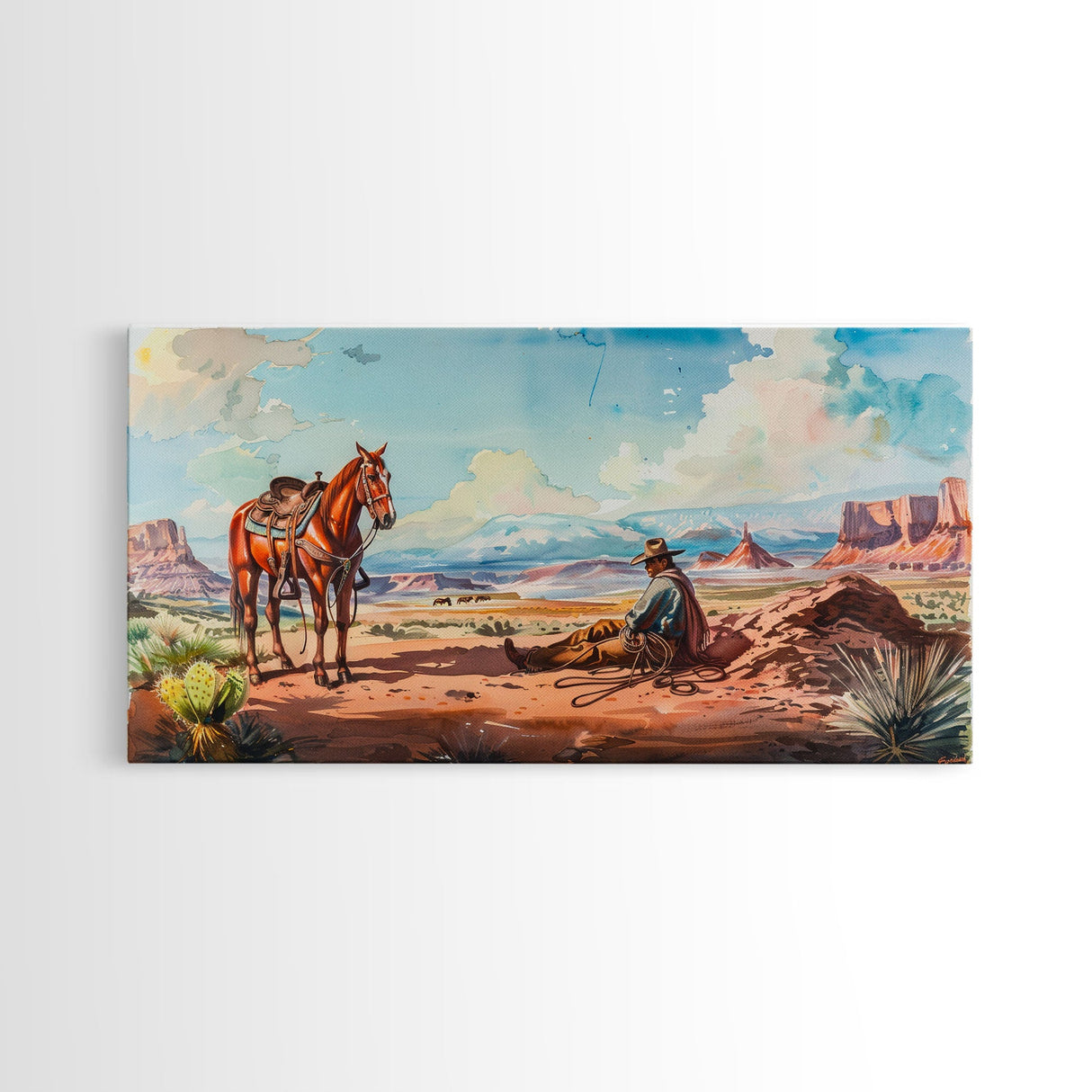 Cowboy Resting with Horse in Desert Landscape, Classic Western Art, Framed Canvas Print, Rustic Wall Decor, Living Room Decoration