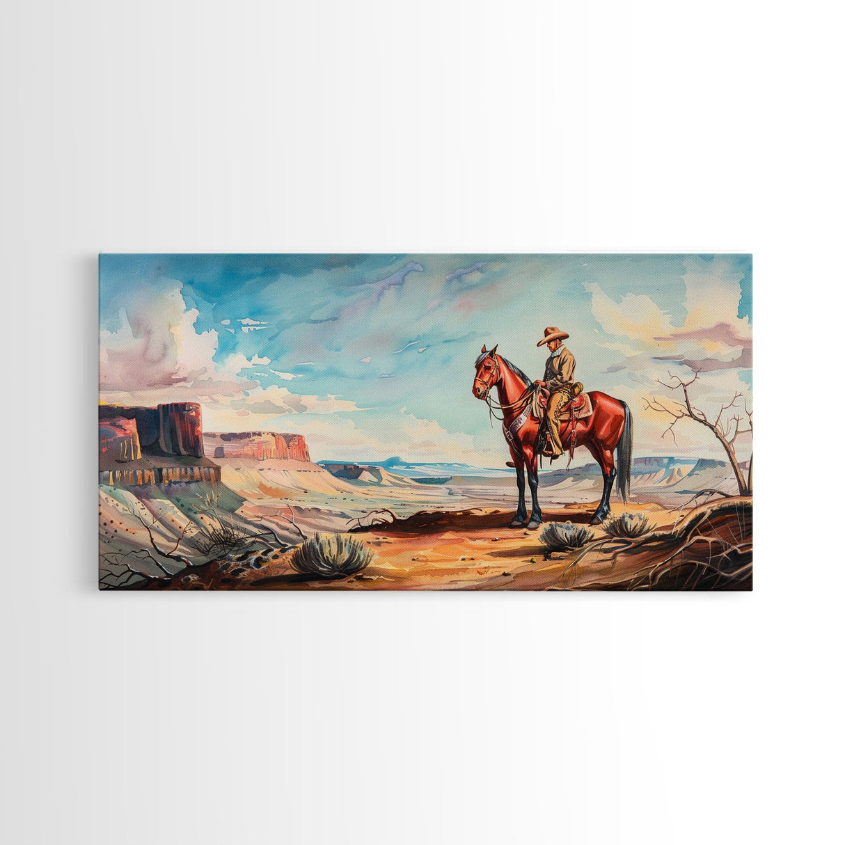 Cowboy on Horse Overlooking Canyon, Majestic Western Art, Framed Canvas Print, Boho Wall Art, Living Room Decor, Home Decoration