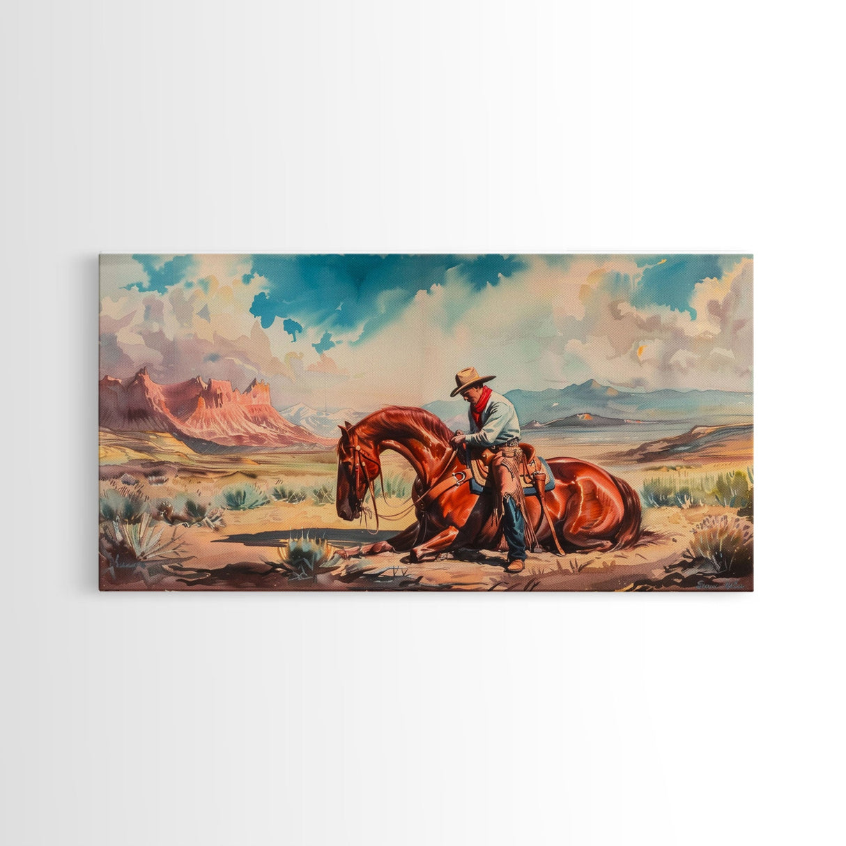 Cowboy Comforting Horse in Open Plains, Farmhouse Western Decor, Framed Canvas Print, Country Living Art, Rustic Wall Art for Home