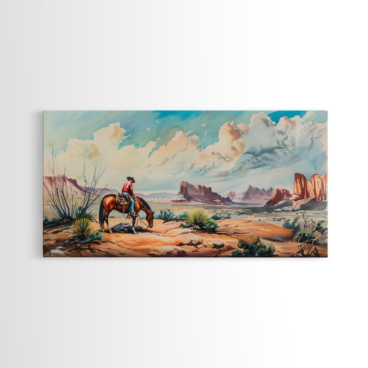 Cowboy Gazing Over Expansive Desert, Boho Western Landscape Art, Framed Canvas Print, Living Room Wall Decor, Rustic Country Style
