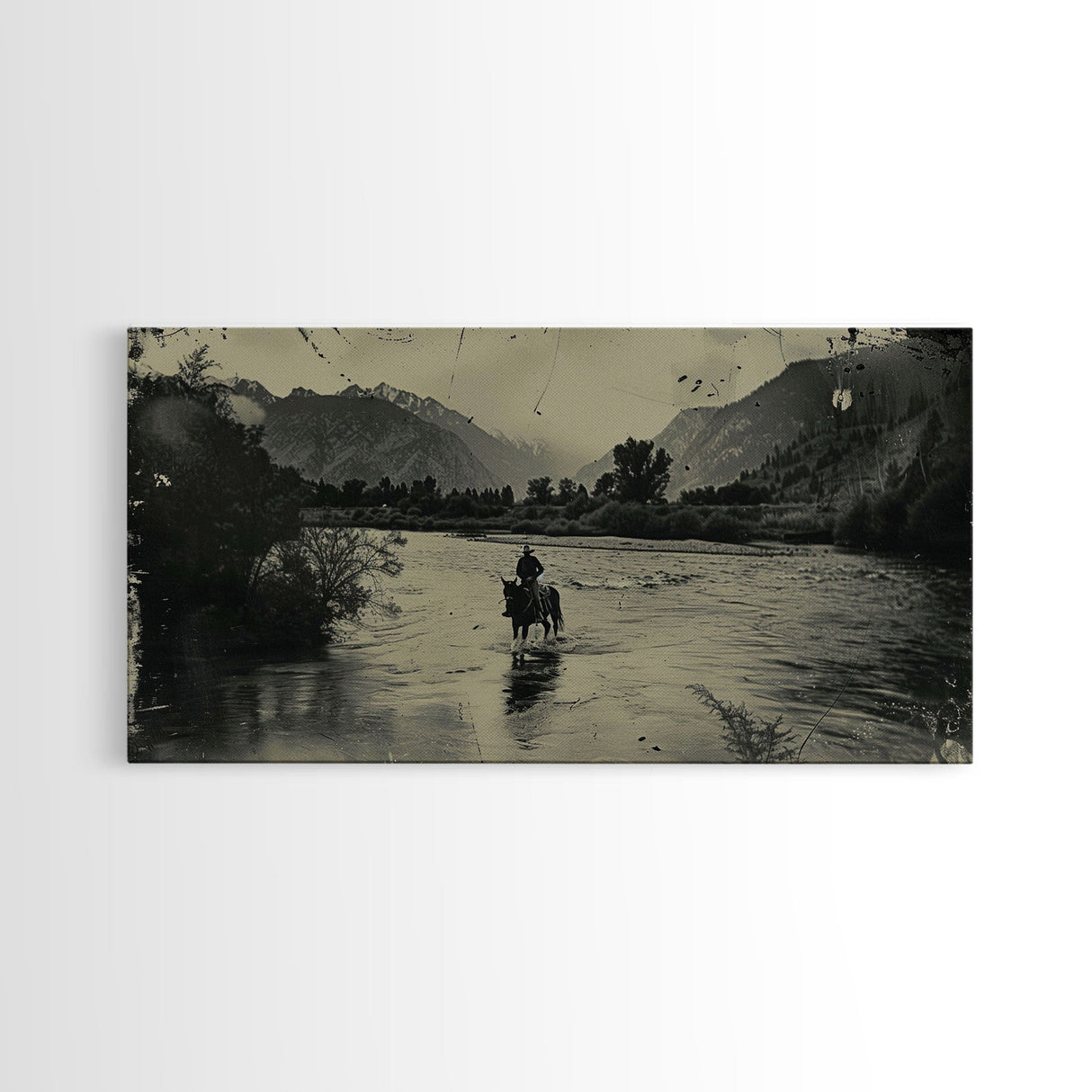 Cowboy Crossing River with Mountains, Framed Canvas Print for Western Living Room Decor, Ideal Bedroom Wall Art, Rustic Scene