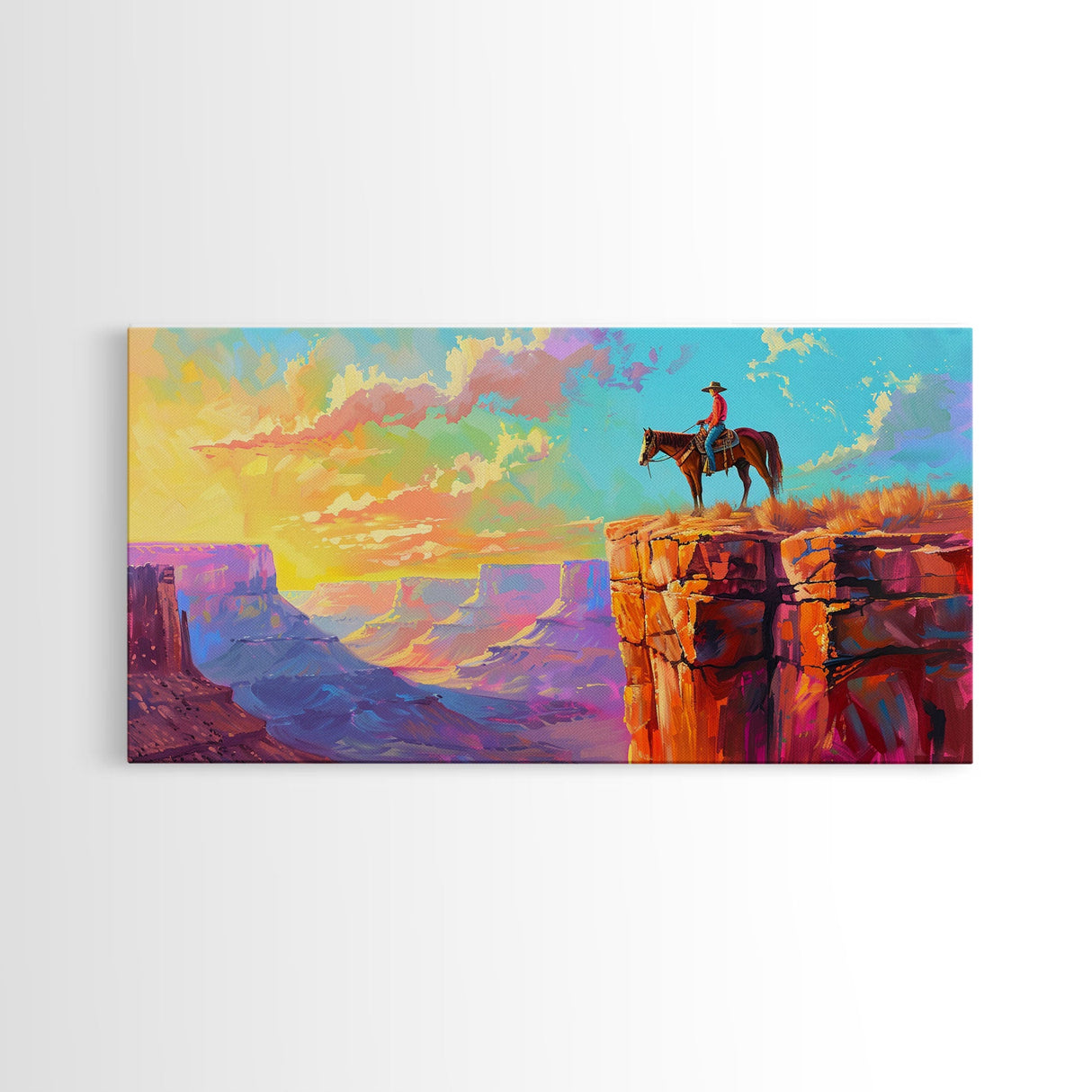 Cowboy on Horse Overlooking Canyon Sunset, Farmhouse Style Framed Canvas Print for Living Room Wall Art, Vibrant Home Decor, Western Scene