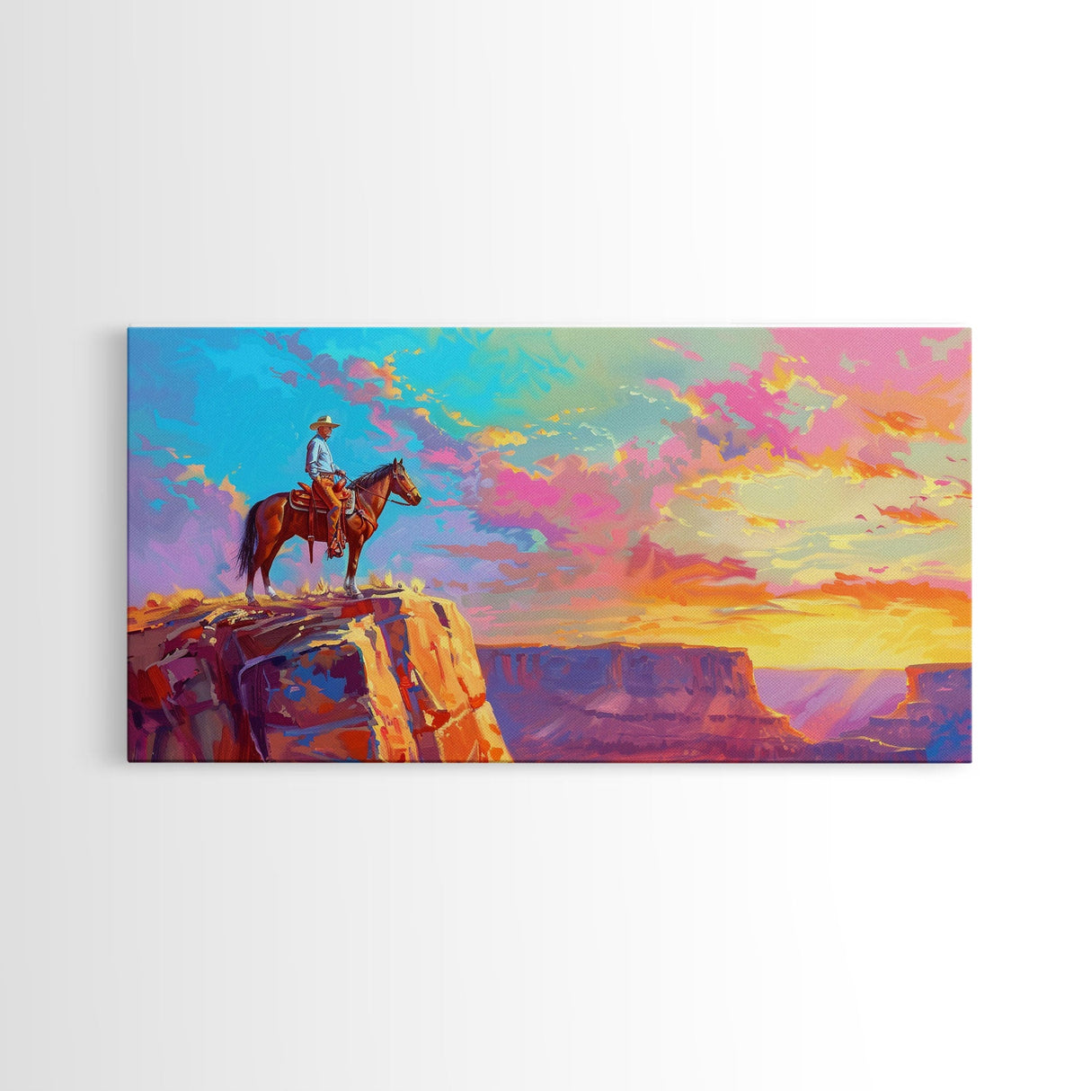 Cowboy Watching Sunset Over Canyon, Farmhouse Style Framed Canvas Print for Living Room Wall Art, Vibrant Home Decor, Western Landscape