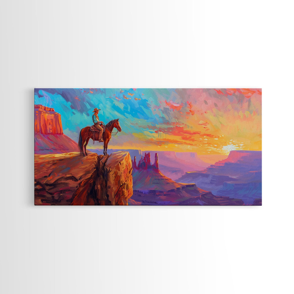 Cowboy and Horse with Canyon View, Farmhouse Style Framed Canvas Print for Bedroom Wall Art, Vibrant Home Decor, Western Scenic Art
