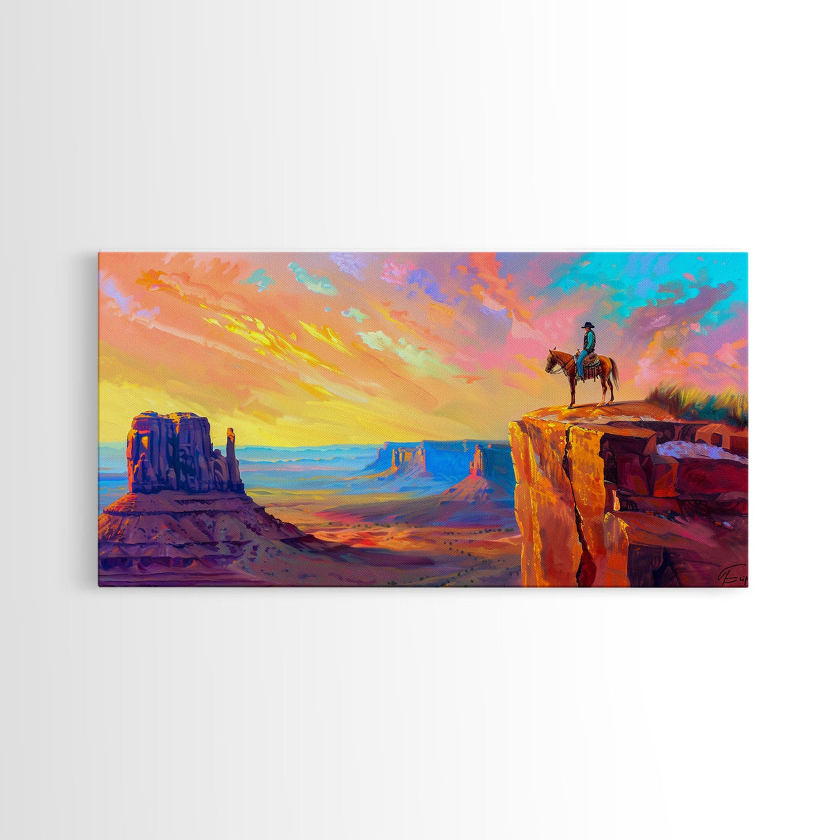 Cowboy with Horse on Cliff Edge, Farmhouse Style Framed Canvas Print for Living Room Wall Art, Vibrant Home Decor, Western Scenic Art