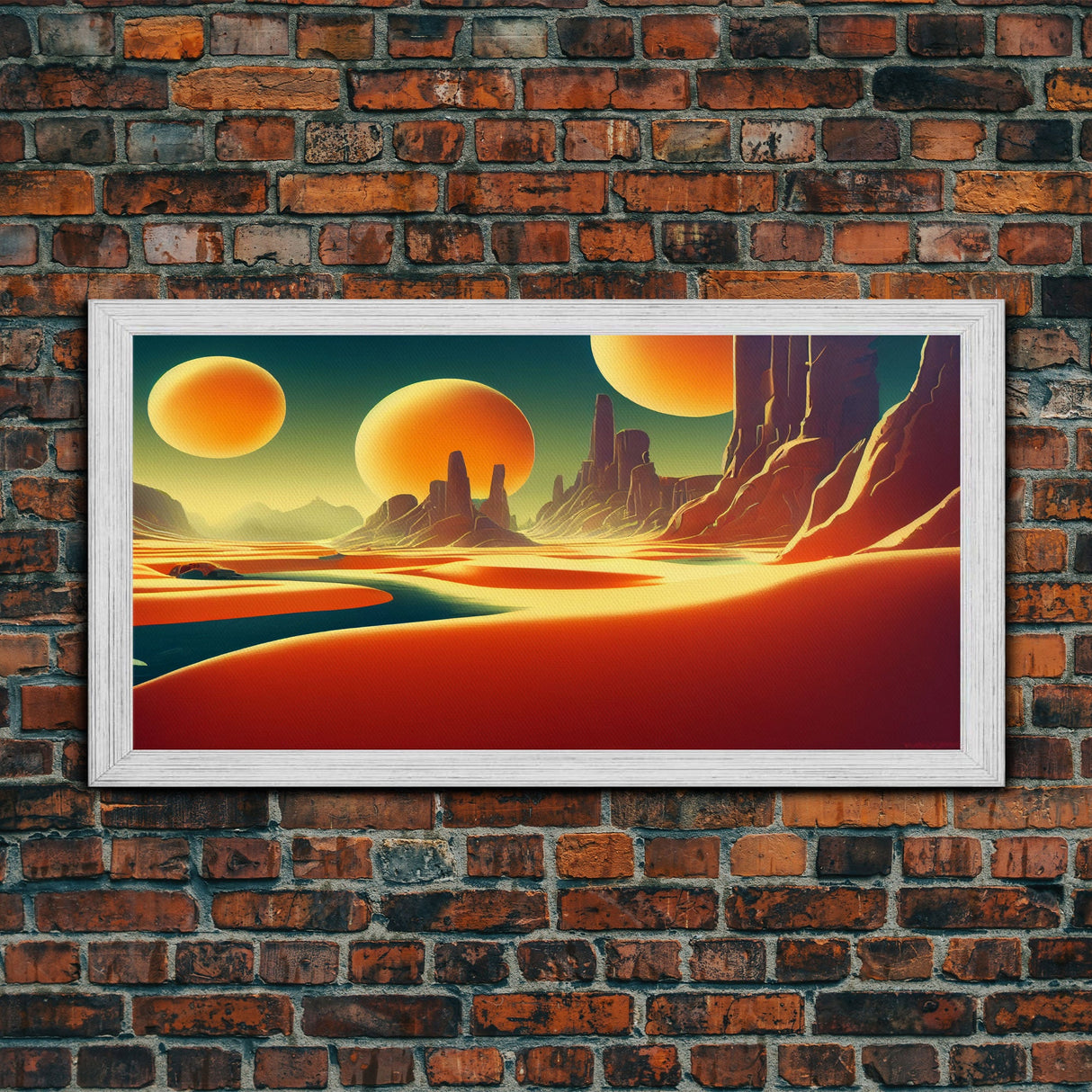 Trippy Art Deco Scifi Painting of an Alien World, Wall Decor, Ready To Hang Framed Canvas Print, Oversize Wall Art