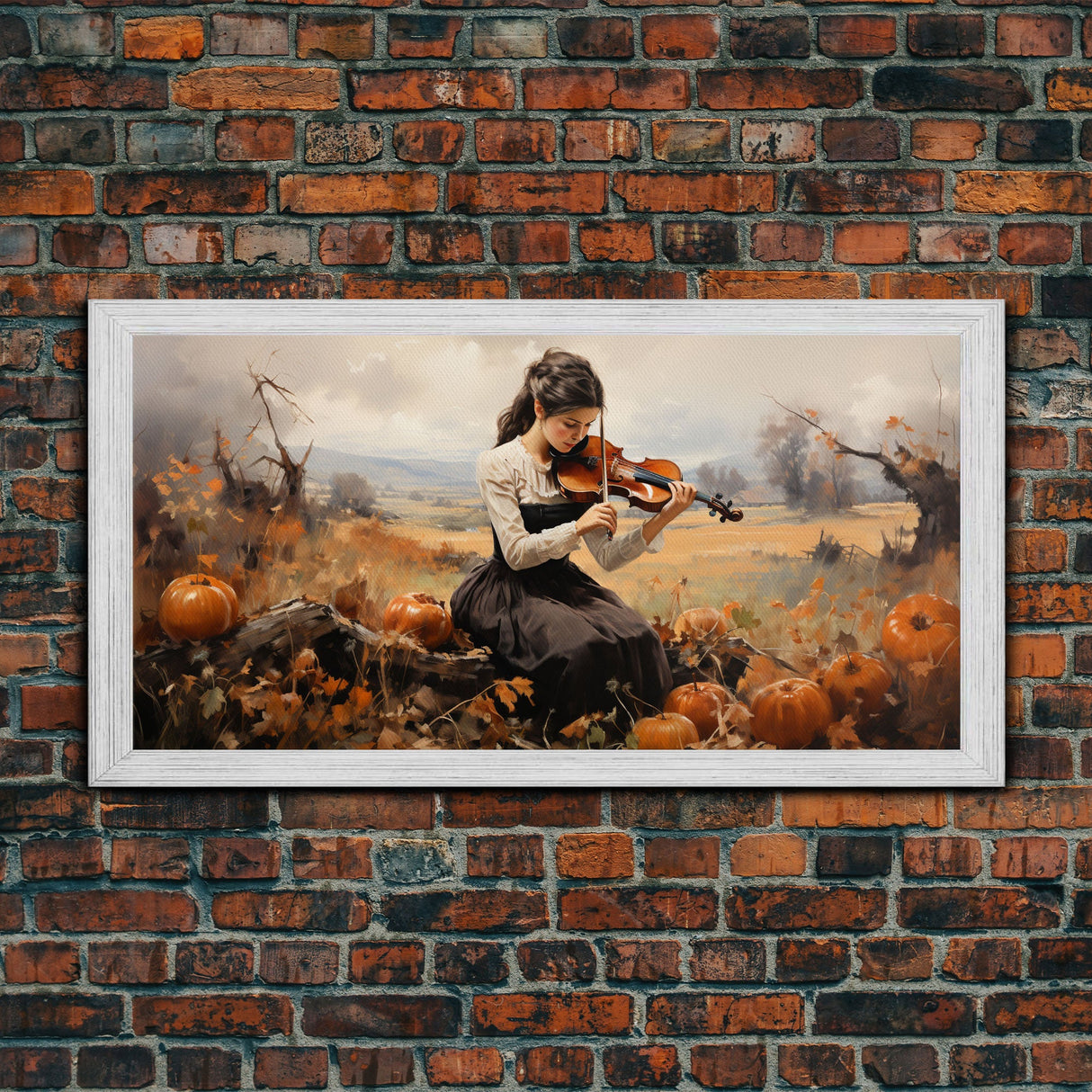 Girl Violinist, Fall Wall Decor, Pumpkin Decor, Canvas Print, Wall Hanging, Panoramic Art, Country Home Decor, Violin Wall Art, Gift For Her