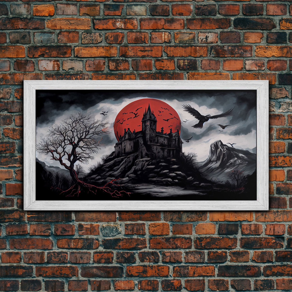 Horror Art, Haunted Castle and Blood Moon, Framed Canvas Print, Goth Art, Gothic Decor, Cool Wall Art