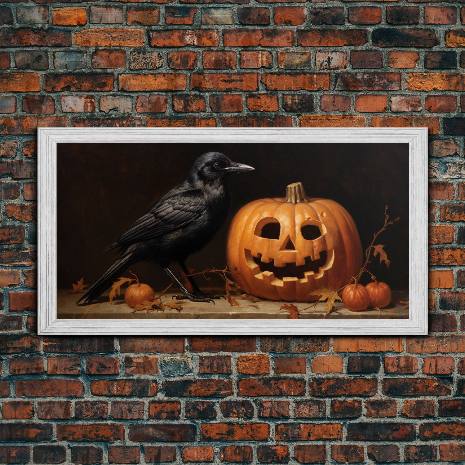 Spooky Crow Print, The Raven and The Jack O Lantern, Halloween Wall Art, Victorian Oil Painting