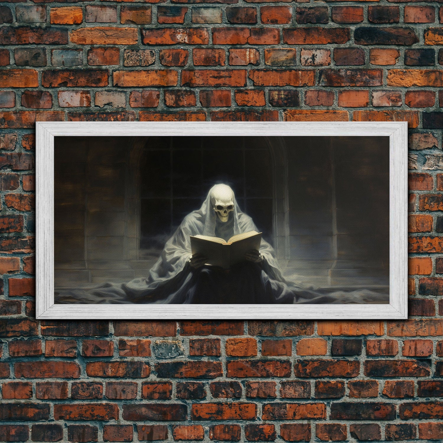Grim Reaper Reading A Book In A Haunted Library, Framed Canvas Print, Victorian Oil Painting Style, Spooky Halloween Decor, Goth Art