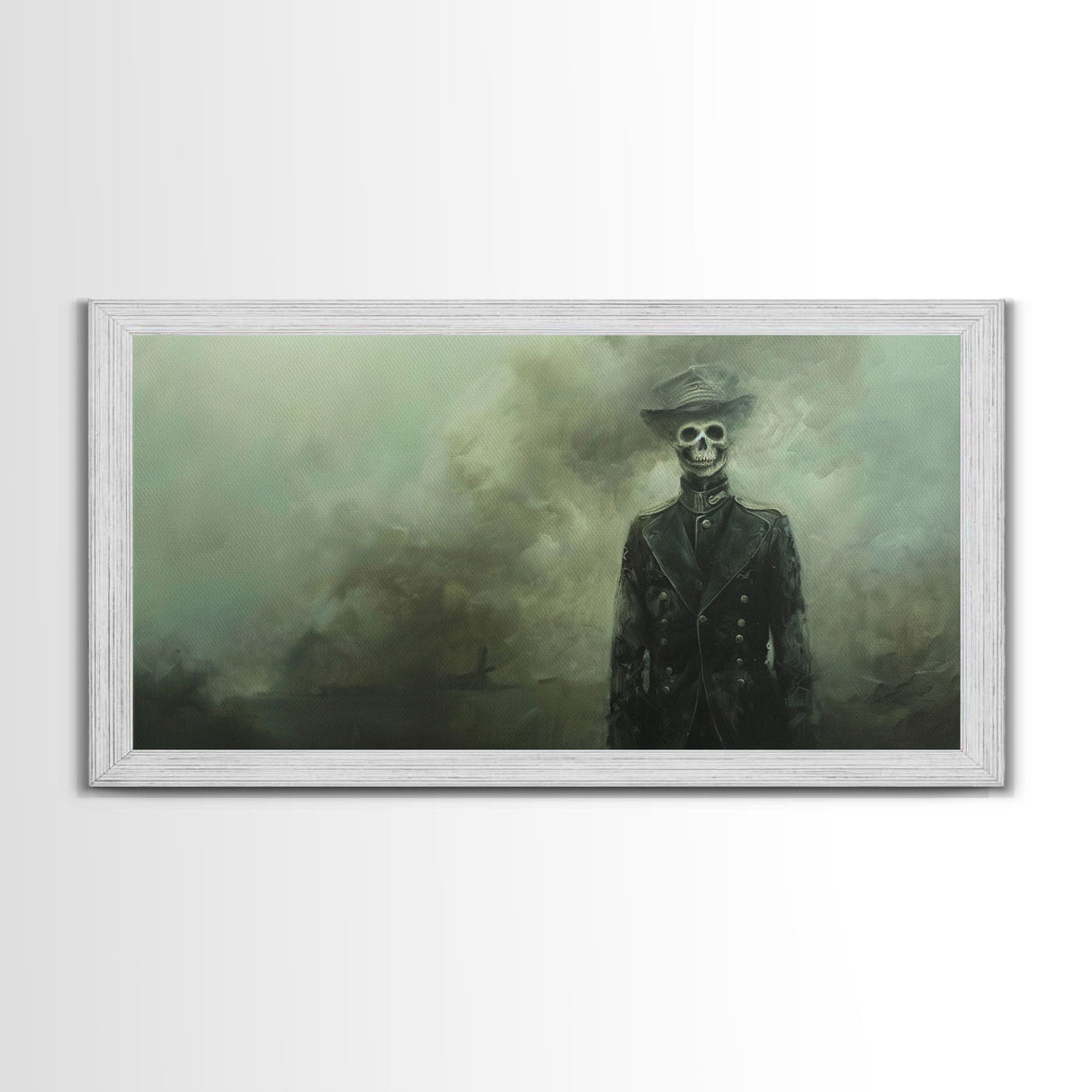 Dapper Skeleton In The Fog, Framed Canvas Print, Halloween Decor, Macabre Dark Academia Wall Art