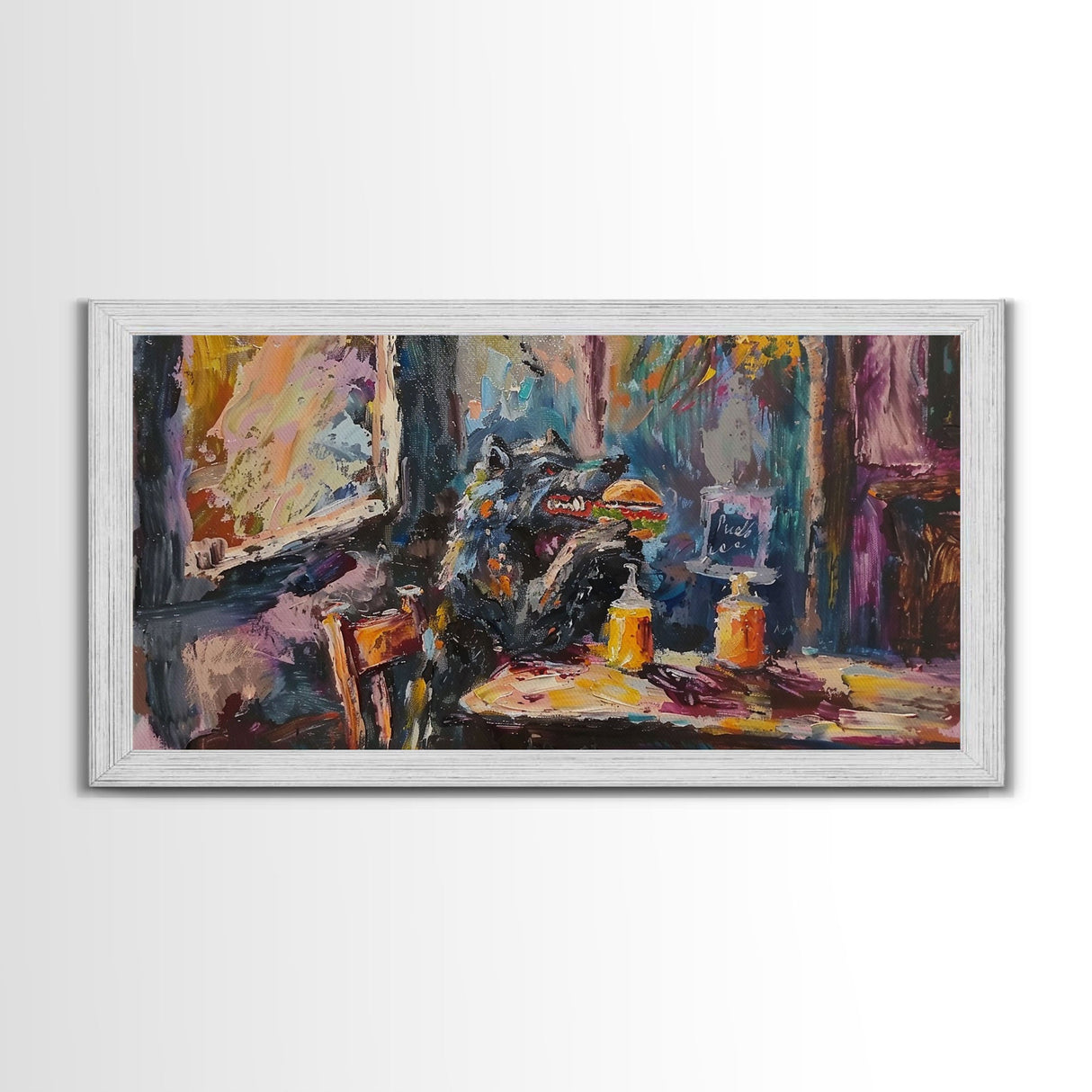 Funny Werewolf Having a Cheeseburger in a diner, framed canvas print, halloween decor