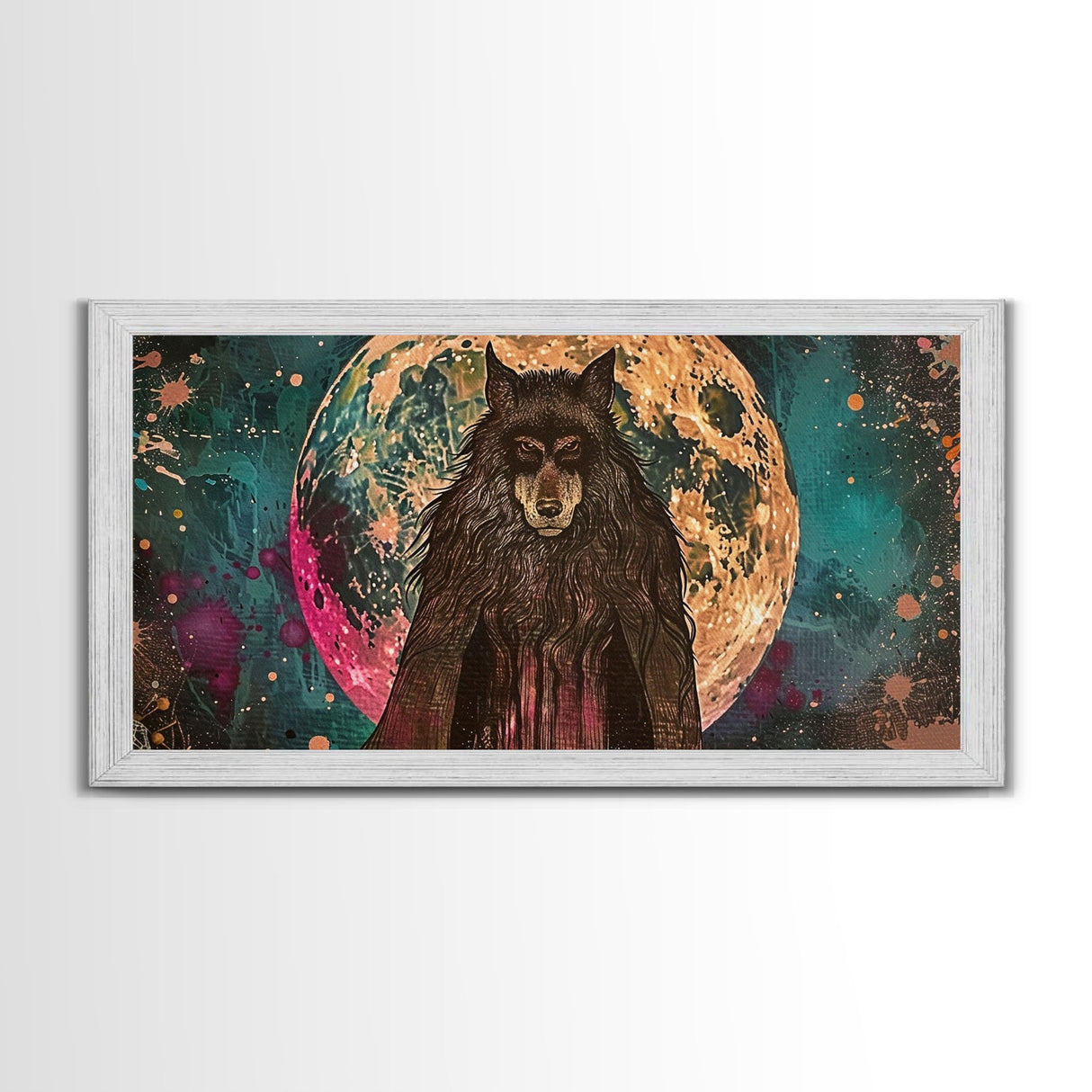 Hooded Werewolf Under The Full Moon, Framed Canvas Print, Wood Frame Halloween Wall Art, Dark Academia