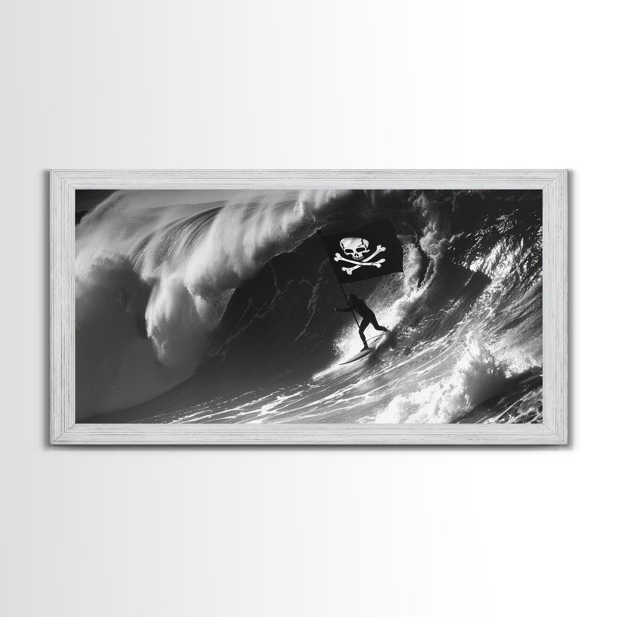 Pirate Surf - Framed Canvas Print - Black & White Photography Style Wall Art - Skull and Cross Bones Wall Art - Manly Decor - Mancave