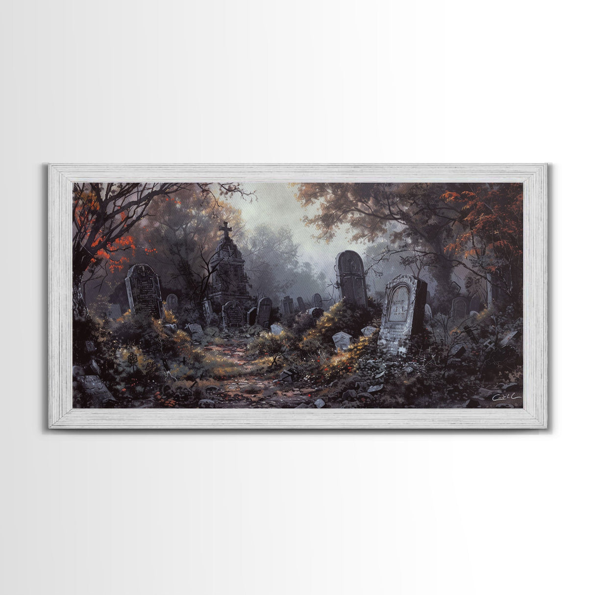 Haunted Cemetery Halloween Prop Framed Canvas Print | Spooky Season | Spooky Wall Art | Halloween Decor | Creepy Art Prints