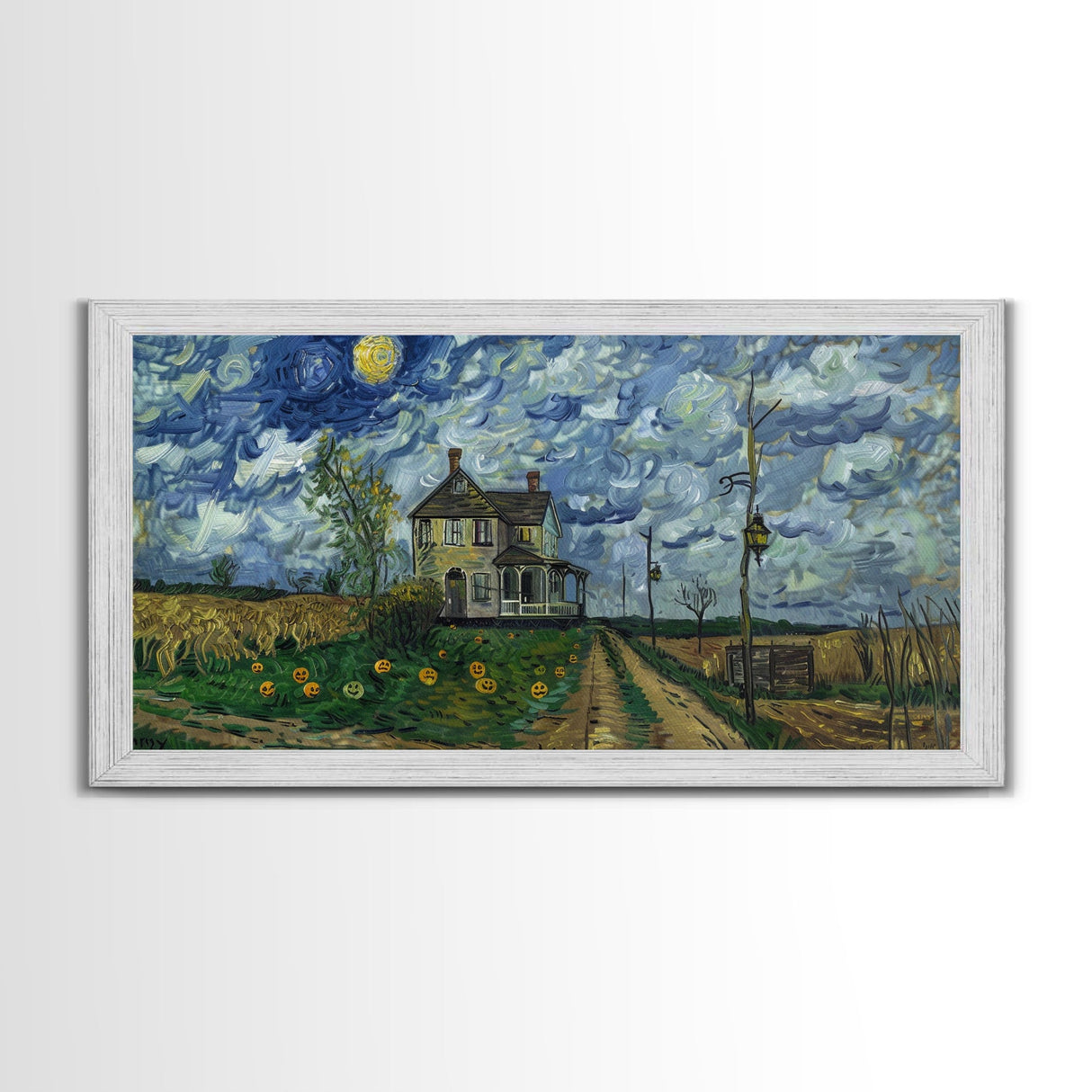 Haunted Countryside, Framed Canvas Print, Spooky Starry Night Inspired Halloween Wall Art