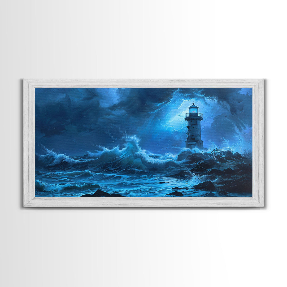 Lighthouse and the Storm, Framed Canvas Print, Unique Halloween Wall Art, Nautical Decor