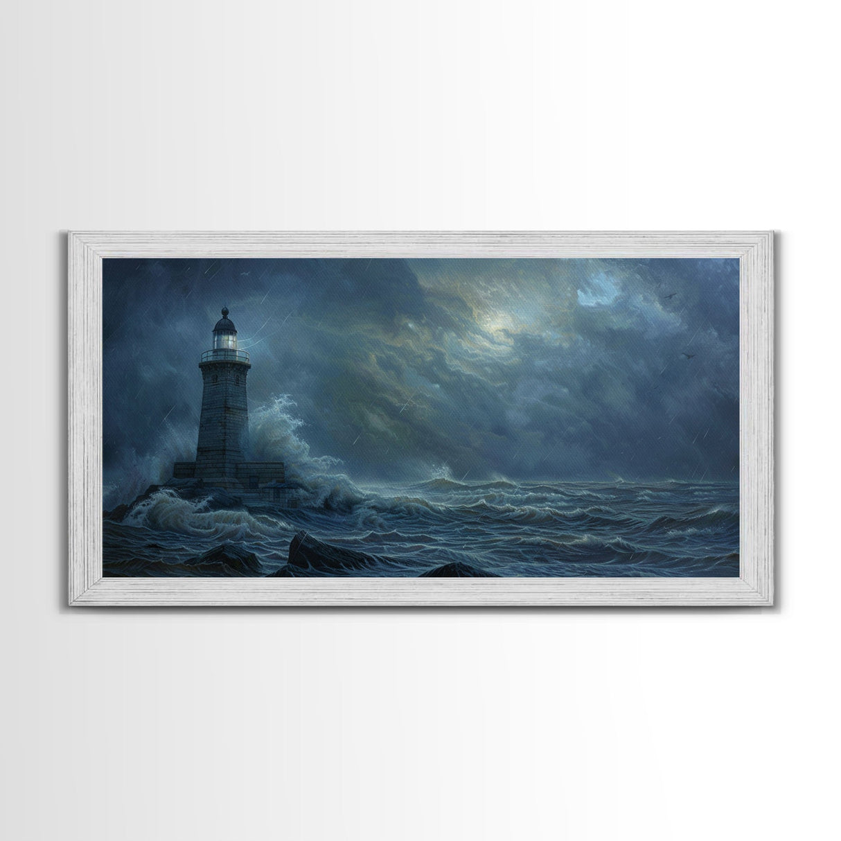 Lighthouse and the Storm, Framed Canvas Print, Unique Halloween Wall Art, Nautical Decor