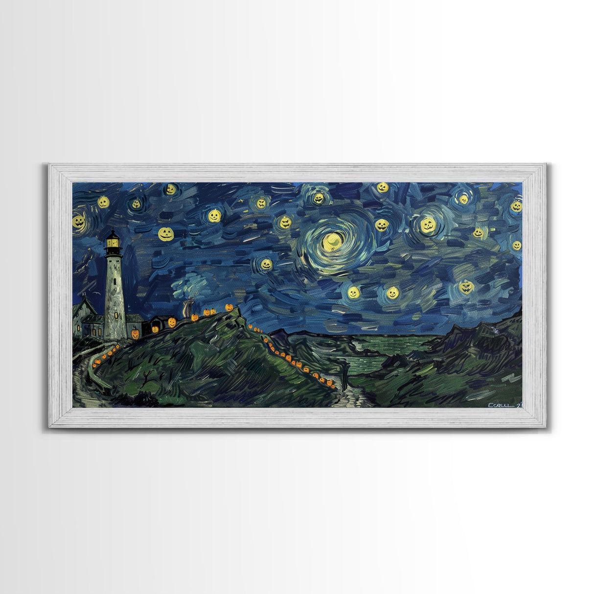 Lighthouse and the Storm, Framed Canvas Print, Unique Halloween Wall Art, Nautical Decor, Starry Night Inspired Wall Art