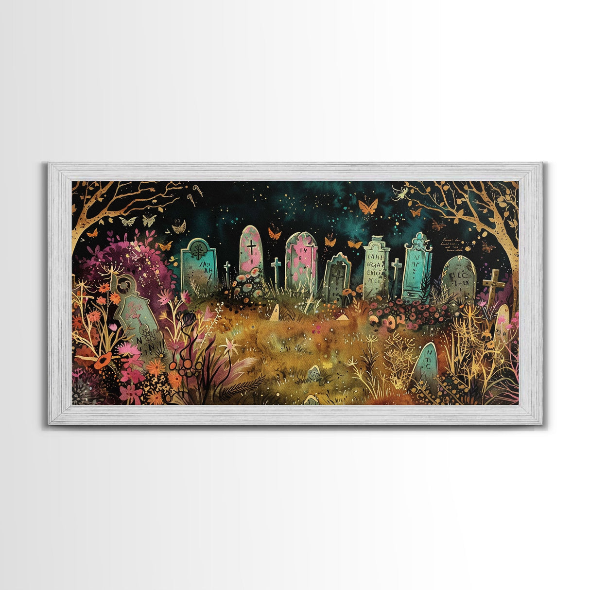 Colorful Haunted Grave Yard In The Spring Time, Framed Canvas Print, Spooky Wall Art, Halloween Spooky Season Decor