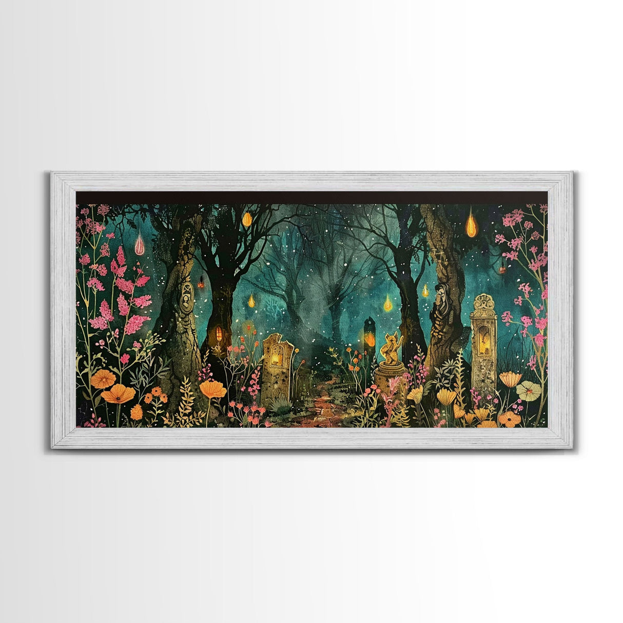 Haunted Cemetery In The Forest Framed Canvas Print, Halloween Decor, Halloween Prop Wall Art