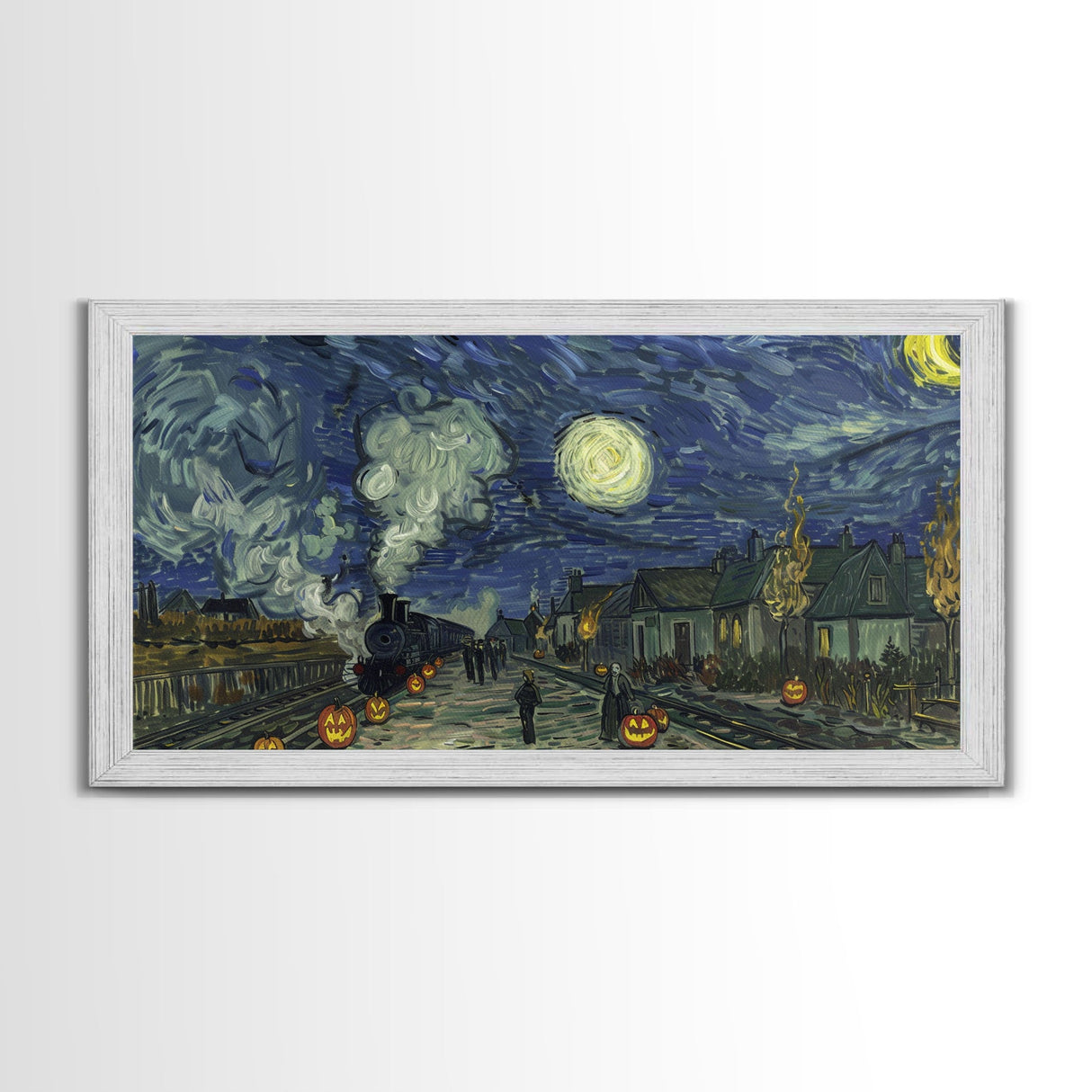 Starry Night Inspired Haunted Steam Train, Framed Canvas Print, Spooky Halloween Wall Art