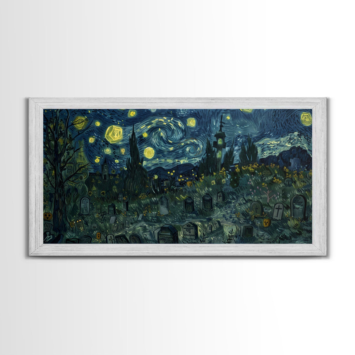 Starry Night Inspired Haunted Graveyard Framed Canvas Print, Halloween Wall Decor, Halloween Props, Halloween Gift Idea