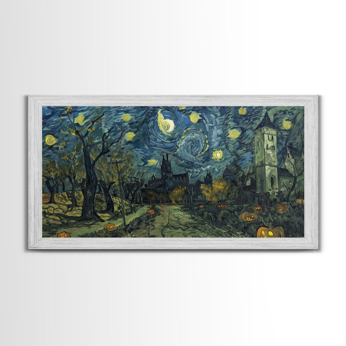 Haunted Halloween Cemetary, Starry Night Inspired Halloween Decor, Framed Canvas Print, Halloween Props