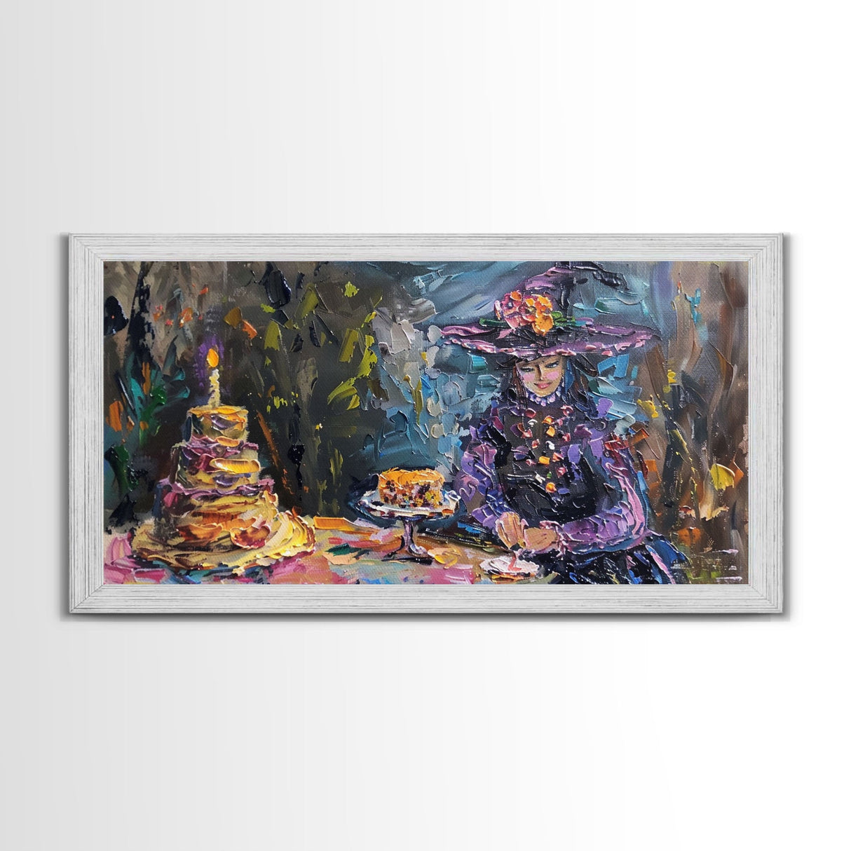 Birthday Party for One, Springtime Witch and A Birthday Cake, Framed Canvas Print, Funny Halloween Art