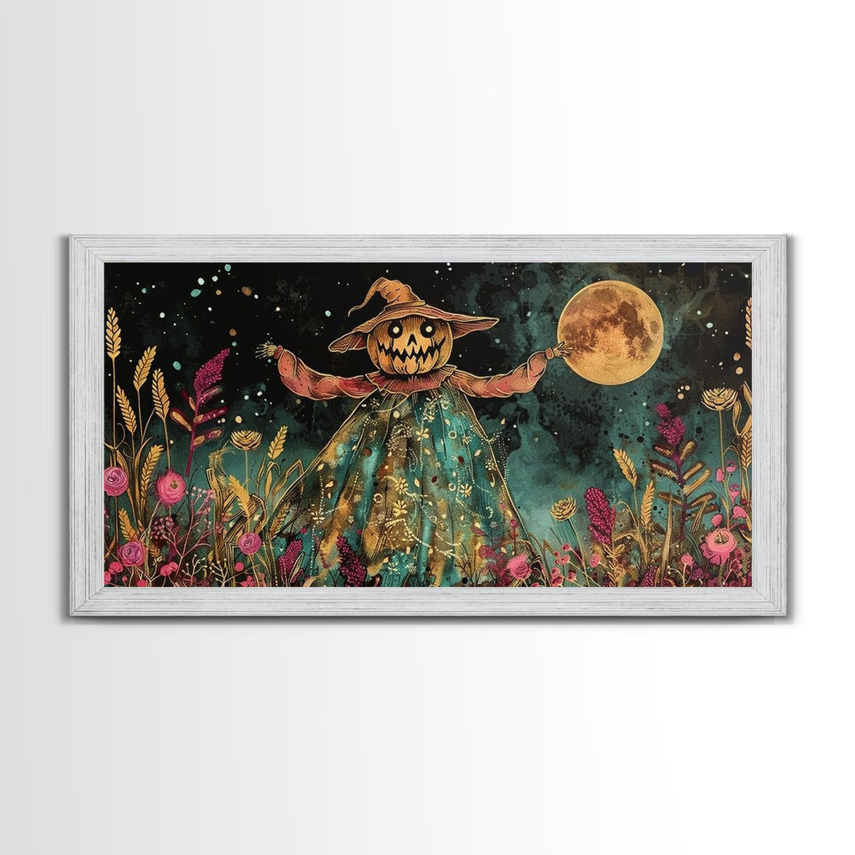 Spooky Jack O' Lantern Scarecrow, Framed Canvas Print, Dark Academia, Halloween Decor, Spooky Season Wall Art