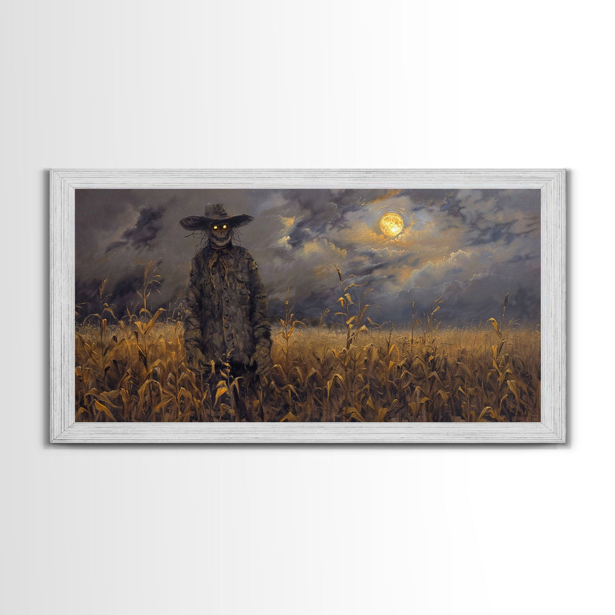 Scarecrow Under A Full Moon - Framed Canvas Print - Spooky Wall Art - Halloween Decor