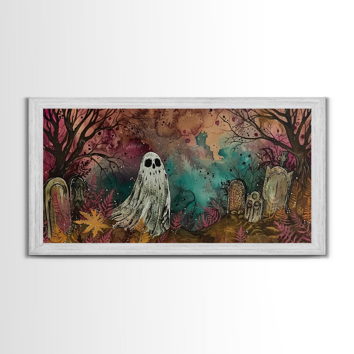 Cute Ghost In The Cemetery, Framed Canvas Print, Halloween Wall Decor, Halloween Trinkets