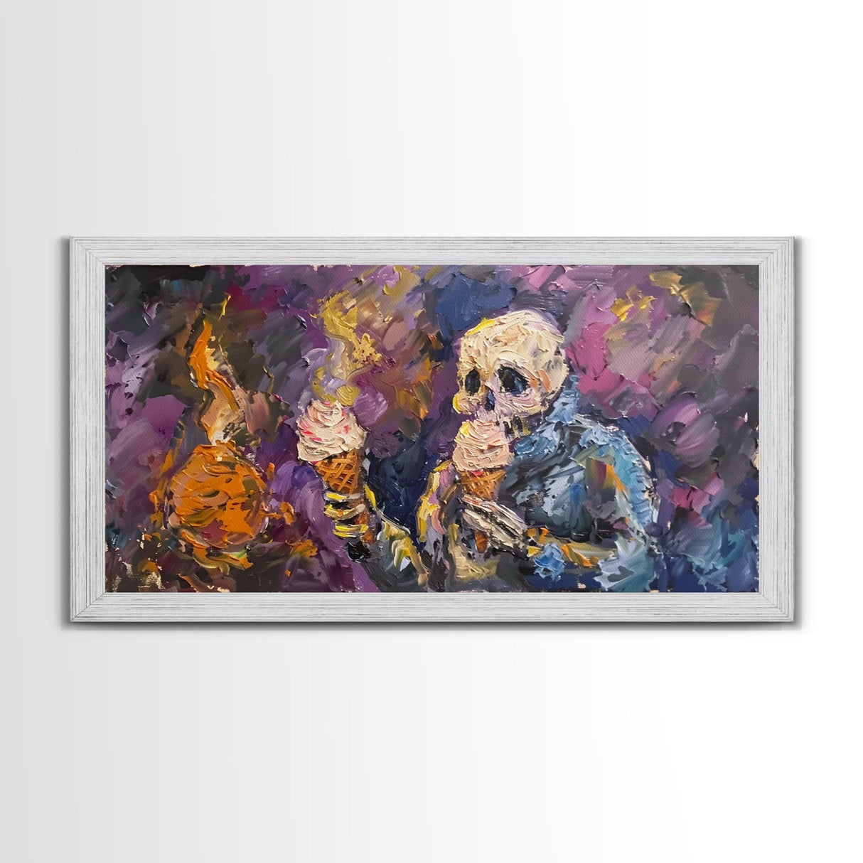 Spooky Skeleton having TWO ice cream cones! Why does he need two? Halloween Art, Framed Canvas Print