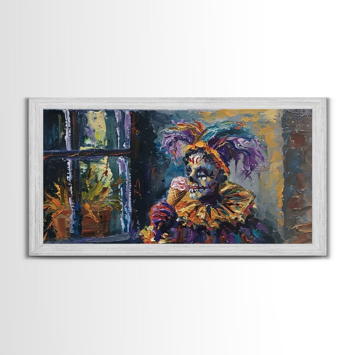 Spooky Court Jester Having an Ice Cream, Funny Halloween Art, Framed Canvas Print