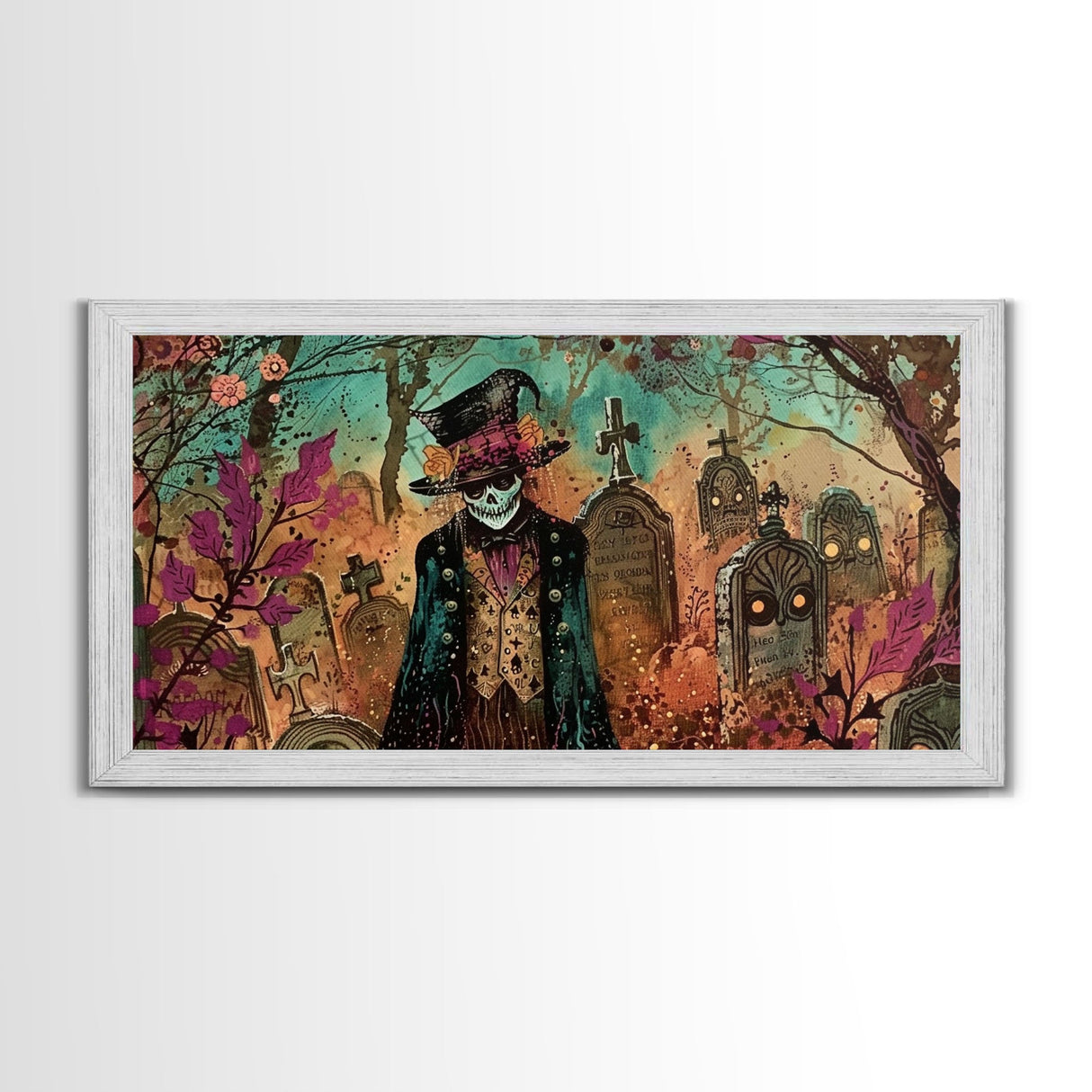 Spooky Ghost In A top hat, Framed Canvas Print, Halloween Decor, Spooky Vibes Wall Art