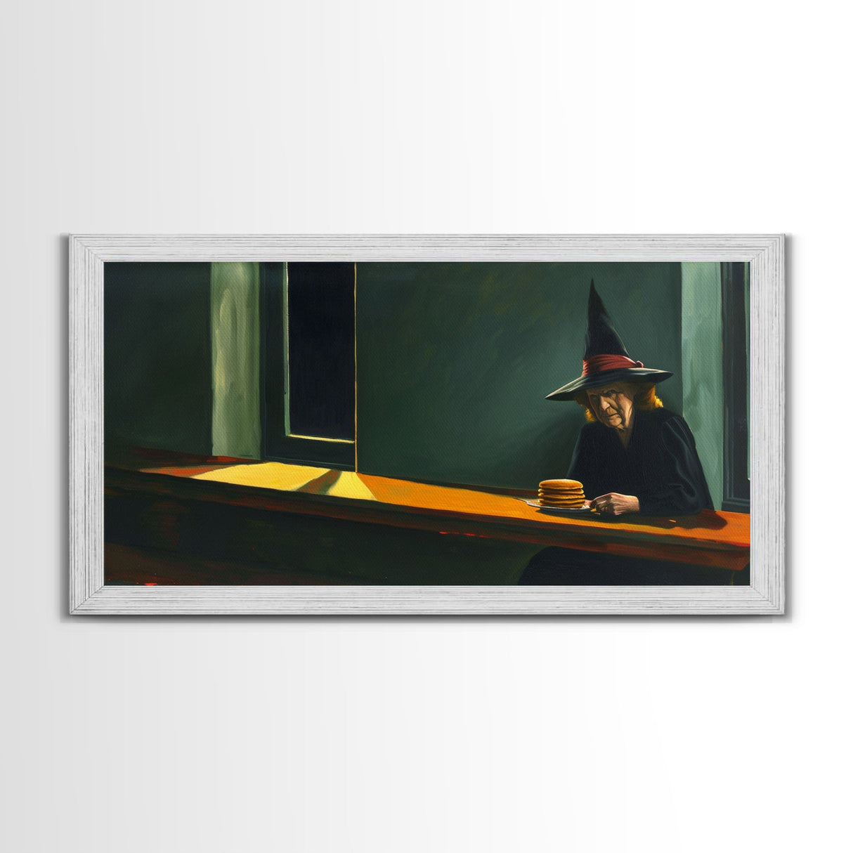 Sad Old Witch Having Some Pancakes, Funny Halloween Art, Framed Canvas Print, Liminal Art