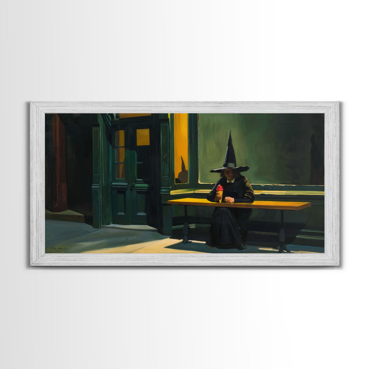 Sad Witch Having an Ice Cream Cone, Funny Halloween Art, Framed Canvas Print, Liminal Art