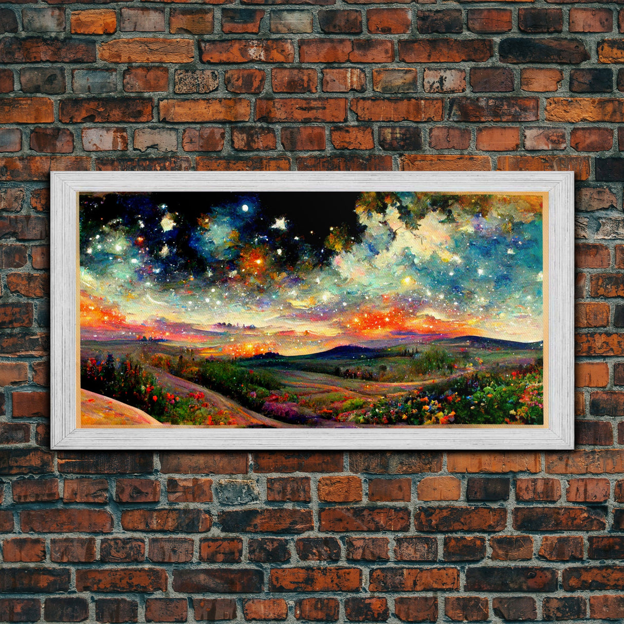 Night Starry Sky Landscape Framed Canvas Print, Colorful Night Sky Painting Nature Painting Living Room Wall Art Spiritual Starry Painting