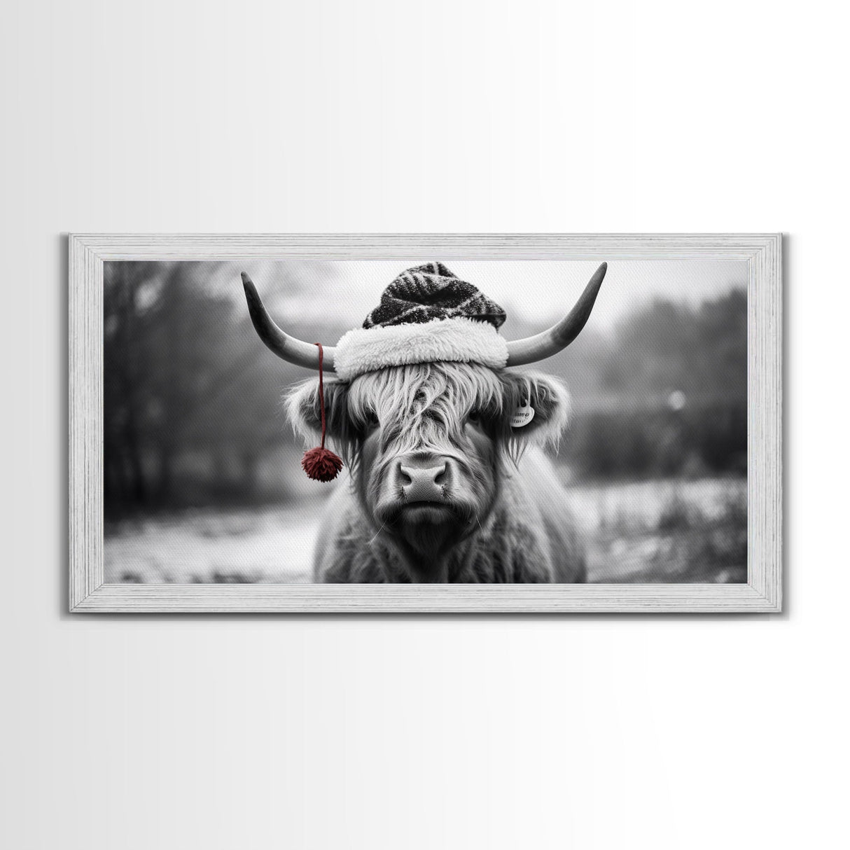 Highland Cow Wearing Santa Hat, Festive and Fun Framed Canvas Print for Holiday Wall Art, Living Room or Bedroom Decor