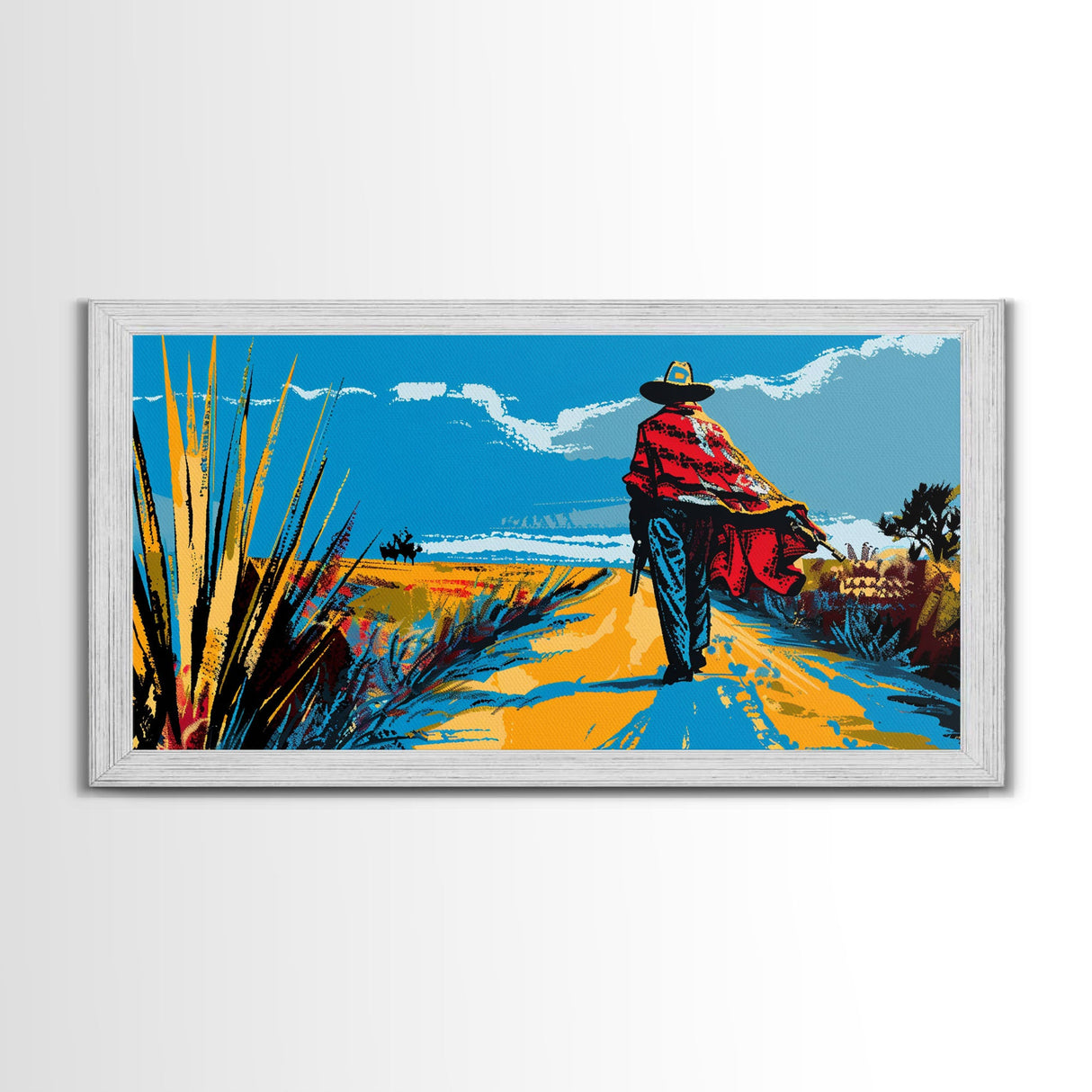 Cowboy Walking Down Desert Road, Perfect Minimalist Art, Framed Canvas Print, Boho Living Room Decor, Western Home Decoration