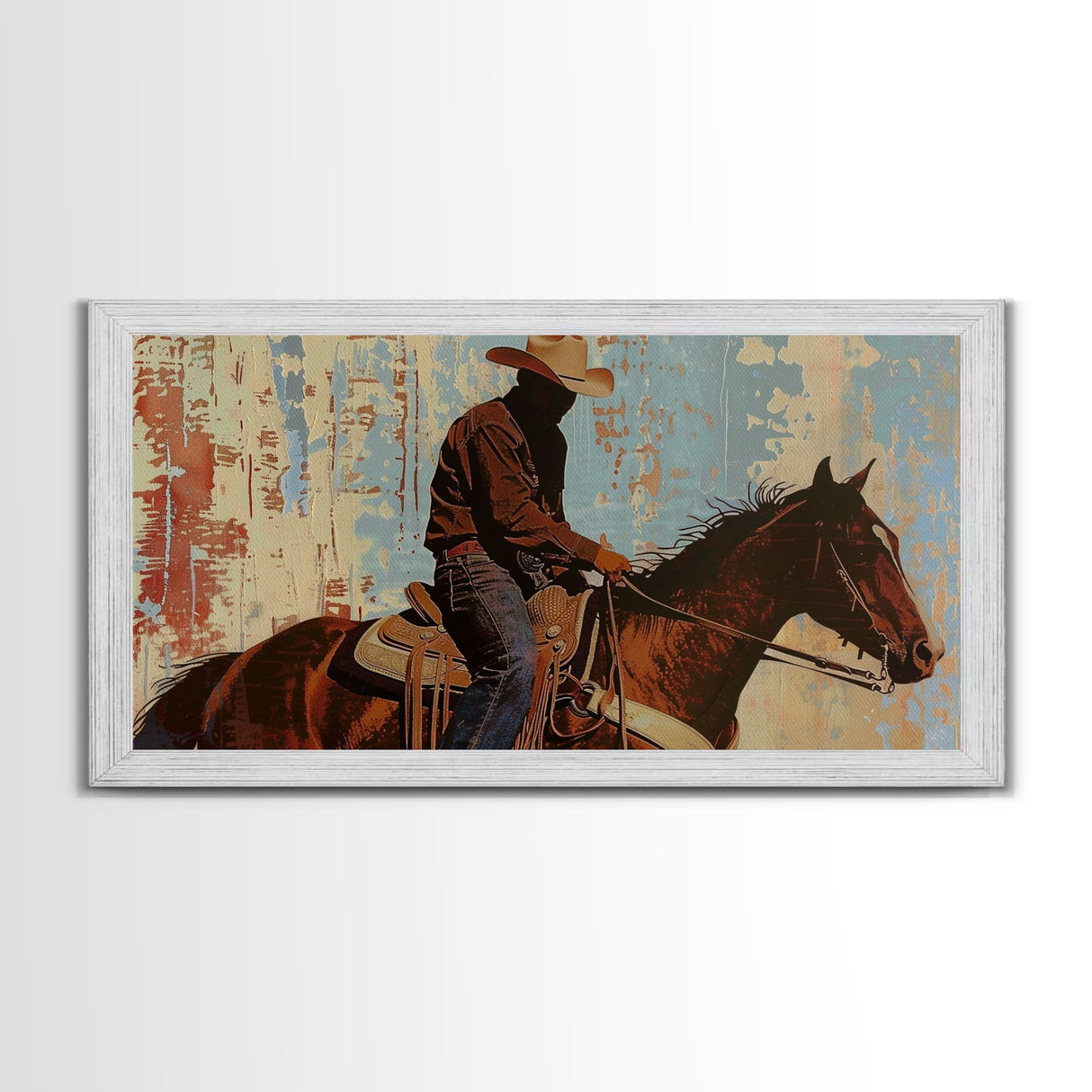 Cowboy Riding Horse in Abstract Style, Perfect Bedroom Art, Framed Canvas Print, Rustic Living Room Decor, Modern Home Decoration