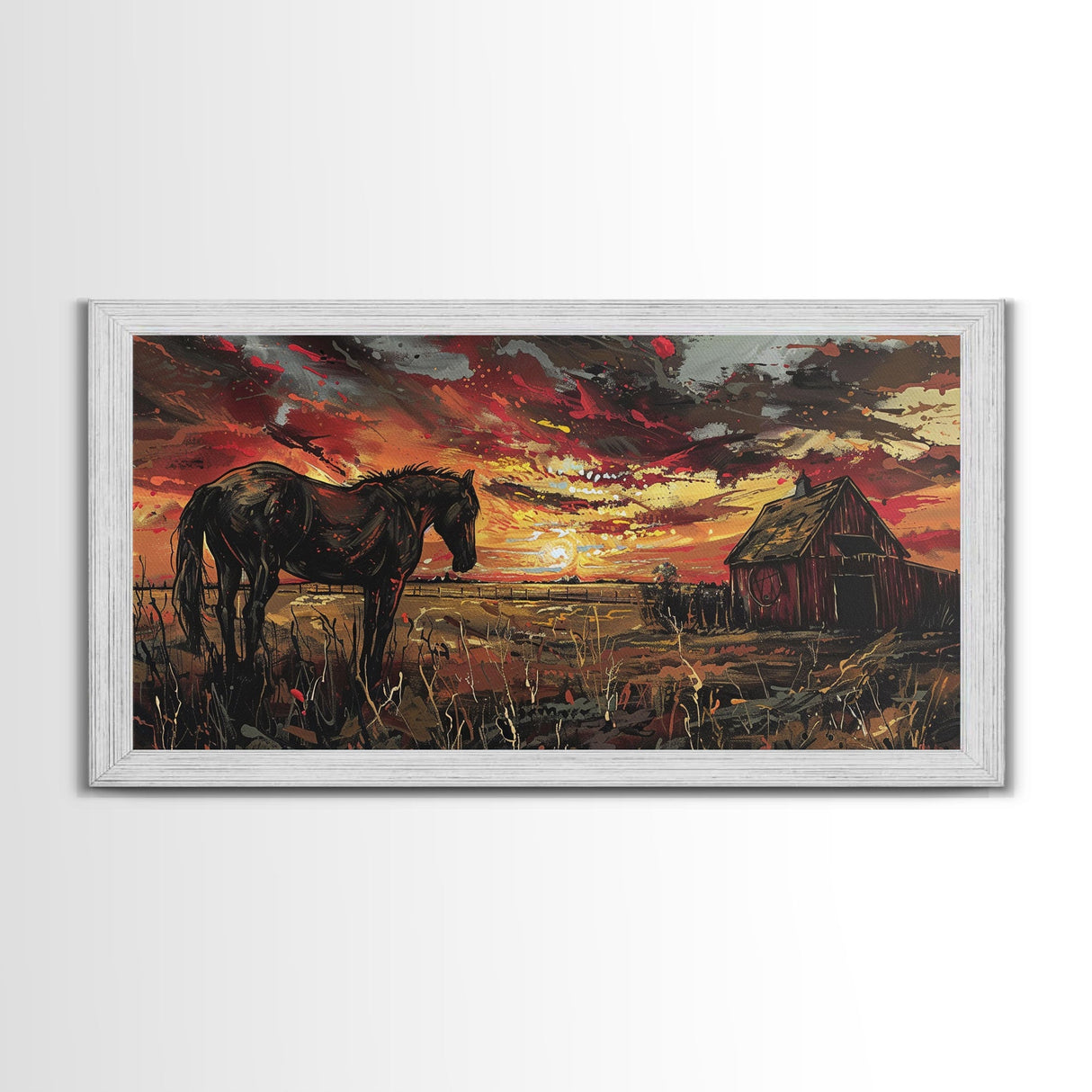 Dark Horse at Sunset with Barn, Stunning Abstract Art, Framed Canvas Print, Boho Wall Art, Bedroom Decor, Unique Home Decoration