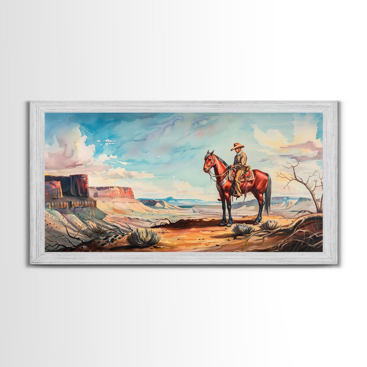 Cowboy on Horse Overlooking Canyon, Majestic Western Art, Framed Canvas Print, Boho Wall Art, Living Room Decor, Home Decoration